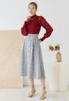 Plaid Tweed Button Trim Pleated Midi Skirt in Black