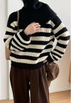 Detachable Scarf Striped Knit Sweater in Black