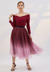 Festive Sparkle Ombre Tulle Midi Skirt in Burgundy