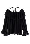 Tie Neck Ruffle Off-Shoulder Chiffon Top in Black