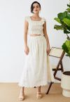 Side Slit Floret Embroidered Eyelet Maxi Skirt in Cream