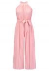 Halter Neck Self-Tie Pleated Jumpsuit in Pink