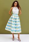 Sicilian Style Watercolor Lemon Printed Pleated Midi Skirt