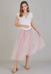 Iridescent Hearts Mesh Tulle Midi Skirt in Pink