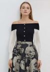 Off-Shoulder Organza Sleeves Spliced Crop Top in Black