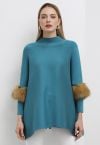 Faux Fur Sleeve Split Hem Knit Poncho in Turquoise