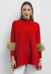 Faux Fur Sleeve Split Hem Knit Poncho in Red