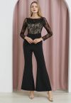 Floral Cutwork Lace Spliced Flare Leg Jumpsuit