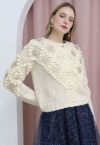 Sequined Flower Pom-Pom Knit Cardigan