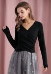 Cross V-Neck Long Sleeves Top in Black