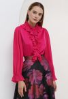 Luscious Ruffle Spliced Plisse Sleeves Top in Magenta