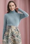 Turtleneck Ribbed Fitted Knit Top in Blue