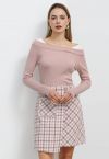 Patch Pocket Plaid Tweed Flap Skirt in Pink