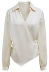 Pointed Collar Tie-Waist Satin Wrap Top in Cream