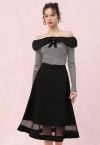 Organza Inserted A-Line Midi Skirt in Black