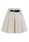 Classic Pleat Denim Mini Skirt with Belt in Ivory