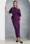 Satin Short-Sleeve Wrapped Waist Maxi Dress in Purple