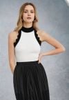 Wavy Contrast Edge Halter Neck Knit Top in White