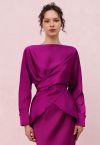 Boat Neck Crisscross Waist Satin Top in Magenta