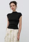 Back Drawstring Waist Mock Neck Knit Top in Black