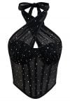 Sequined Tie-Neck Mesh Corset Top