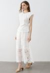 Exquisite Rose Cutwork Lace Maxi Skirt in White