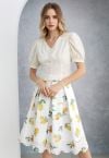 Lemon Printed Eyelet Embroidered Scallop Edge Pleated Skirt