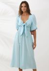 Self-Tie Knot Puff Sleeve Linen-Blend Dress