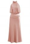 Graceful Halter Neck Chiffon Spliced Satin Dress in Pink