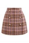 Golden Buttons Pink Plaid Wool-Blend Mini Skirt