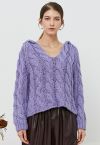 Collared V-Neck Chunky Cable-Knit Sweater in Lavender