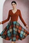 Color Block Checked Pattern Flare Midi Skirt