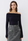 Ribbed Texture Off-Shoulder Ruched Cotton Top in Navy