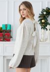 Bowknot Back Puff Sleeve Knit Sweater in Oatmeal