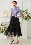 3D Rose and Heart Mesh Midi Skirt in Black