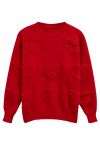 Pearl Trim Heart Jacquard Oversized Knit Sweater in Red