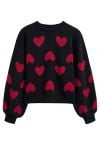 Cherished Heart Puff Sleeves Knit Sweater in Black