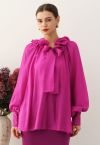 Tiered Ruffle Neckline Bowknot Lantern Sleeves Dolly Top in Magenta