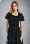 3D Flowers Neckline Bubble Sleeve Ruched Crop Top in Black