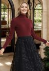 Turtleneck Ribbed Fitted Knit Top in Burgundy