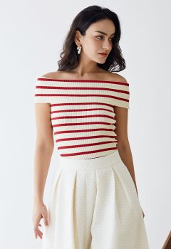 Folded Off-Shoulder Rib Knit Top in Red Stripe