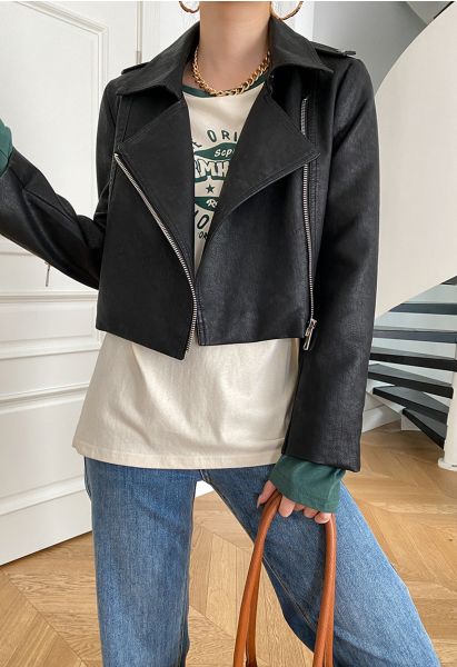 Edgy Faux Leather Moto Jacket in Black
