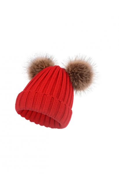 Fuzzy Pom-Pom Knit Beanie Hat in Red