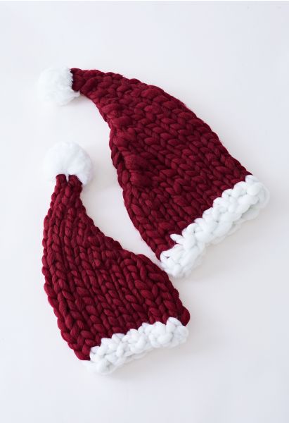 Braided Hand-Knit Pom-Pom Christmas Hat in Burgundy