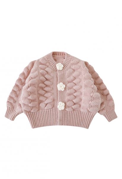 Kids Flowers Button Down Embossed Bubble Sleeves Cardigan in Pink