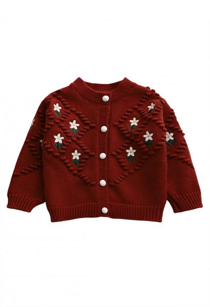 Kid's Floral Dotted Diamond Knit Cardigan in Burgundy