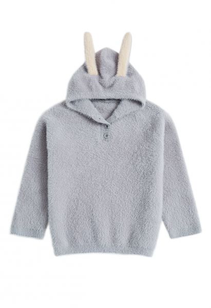 Lovely Bunny Fuzzy Knit Hooded Sweater in Grey For Kids