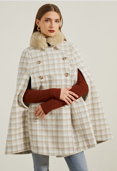 Plaid Faux Fur Collar Double-Breasted Cape Coat