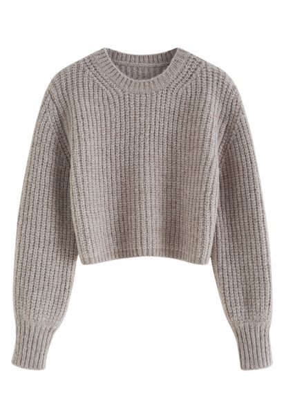 Round Neck Crop Knit Sweater in Taupe