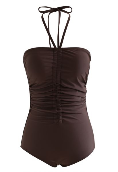 Halter Neck Ruched Front Swimsuit in Brown